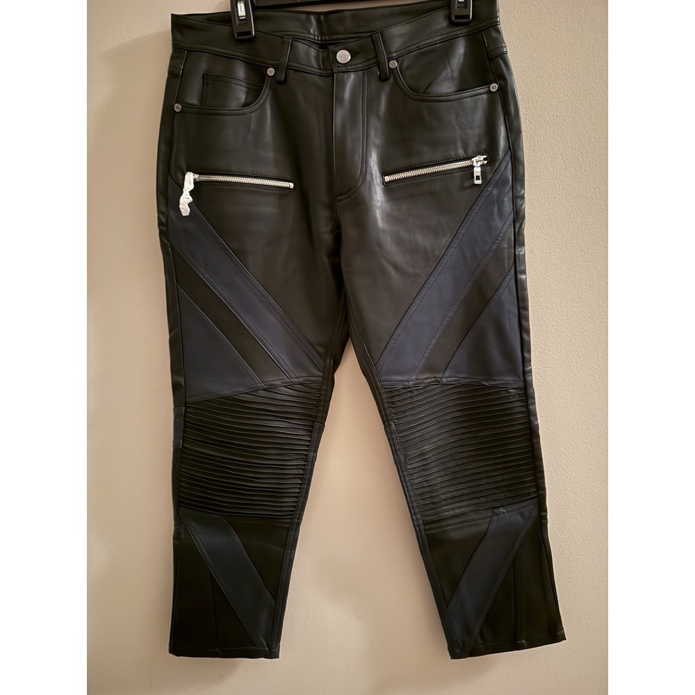 ZARA Women's Black and Navy Color block Leather l Pants Size 31 NWOT